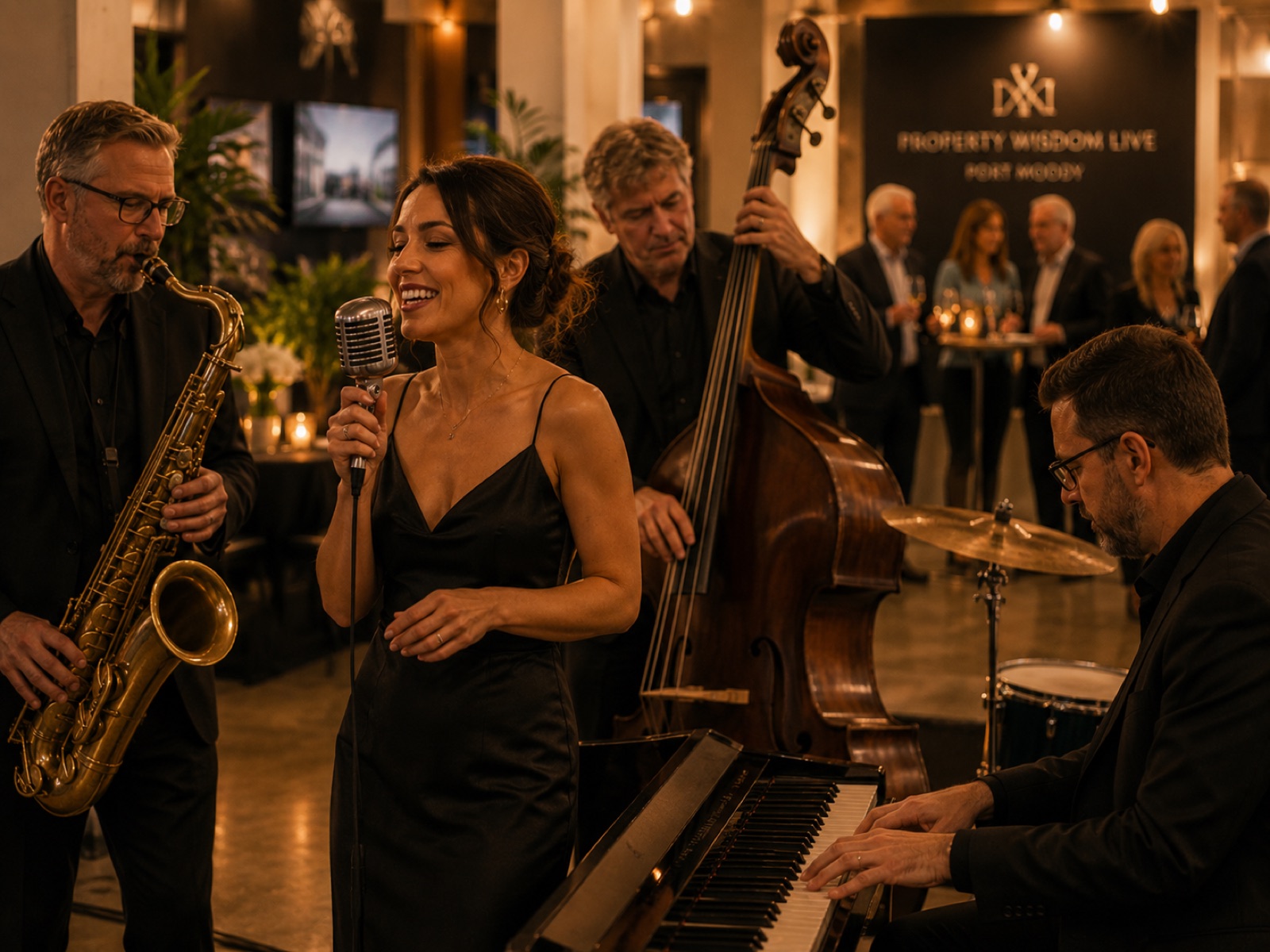 A live jazz ensemble performing in a warmly lit event space