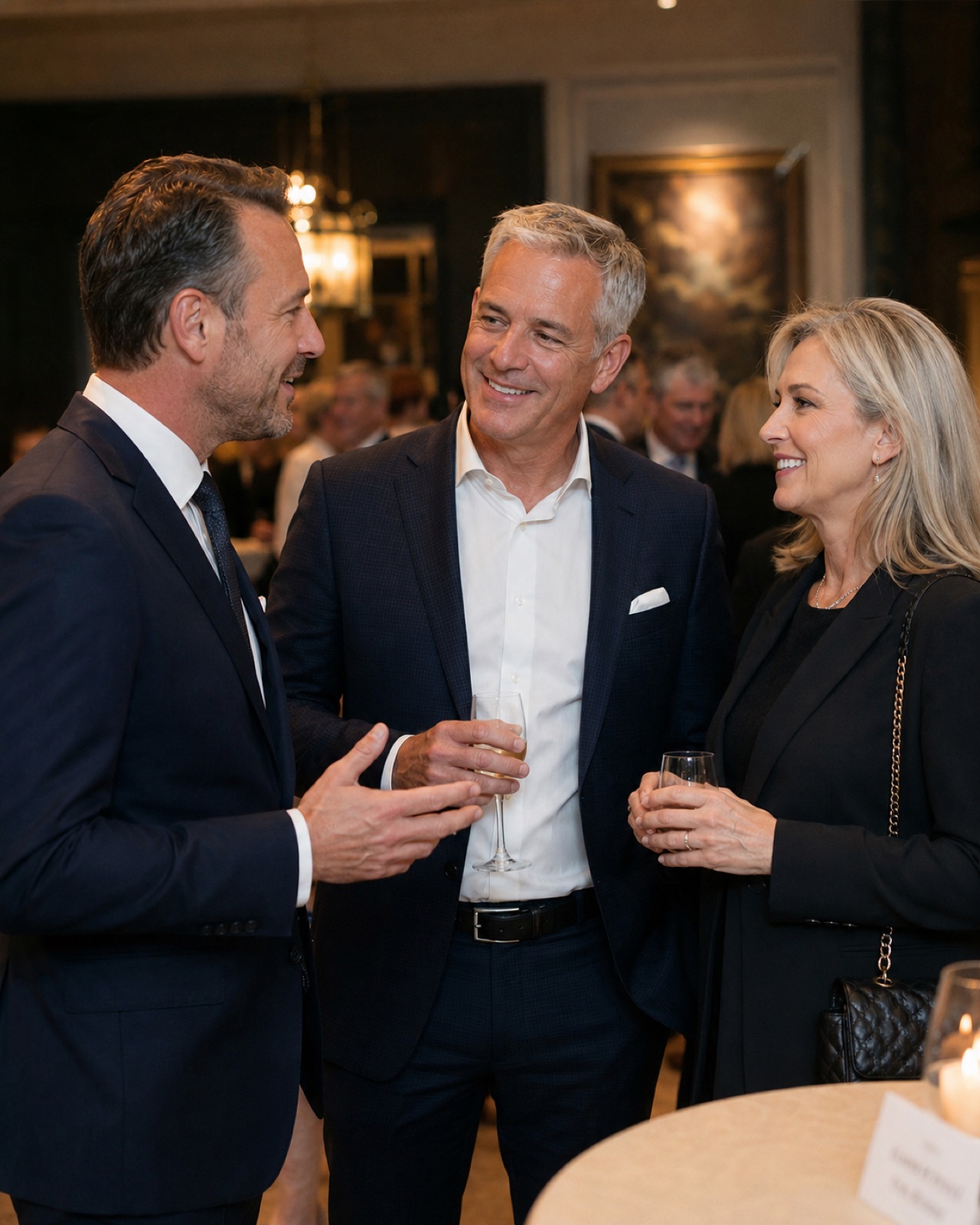 Guests enjoying a thoughtful conversation at an elegant evening event