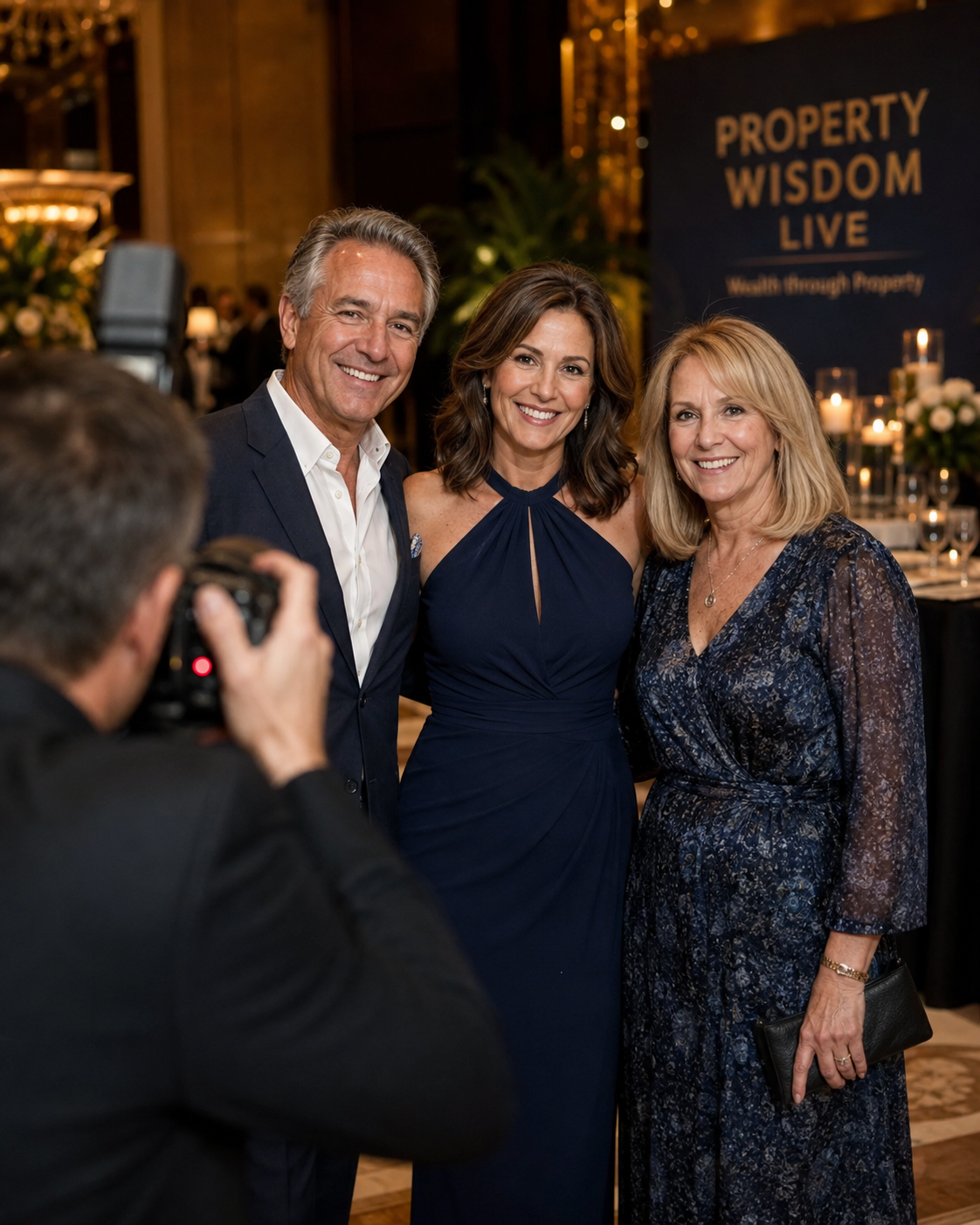 Guests posing for a photograph at an elegant Property Wisdom event