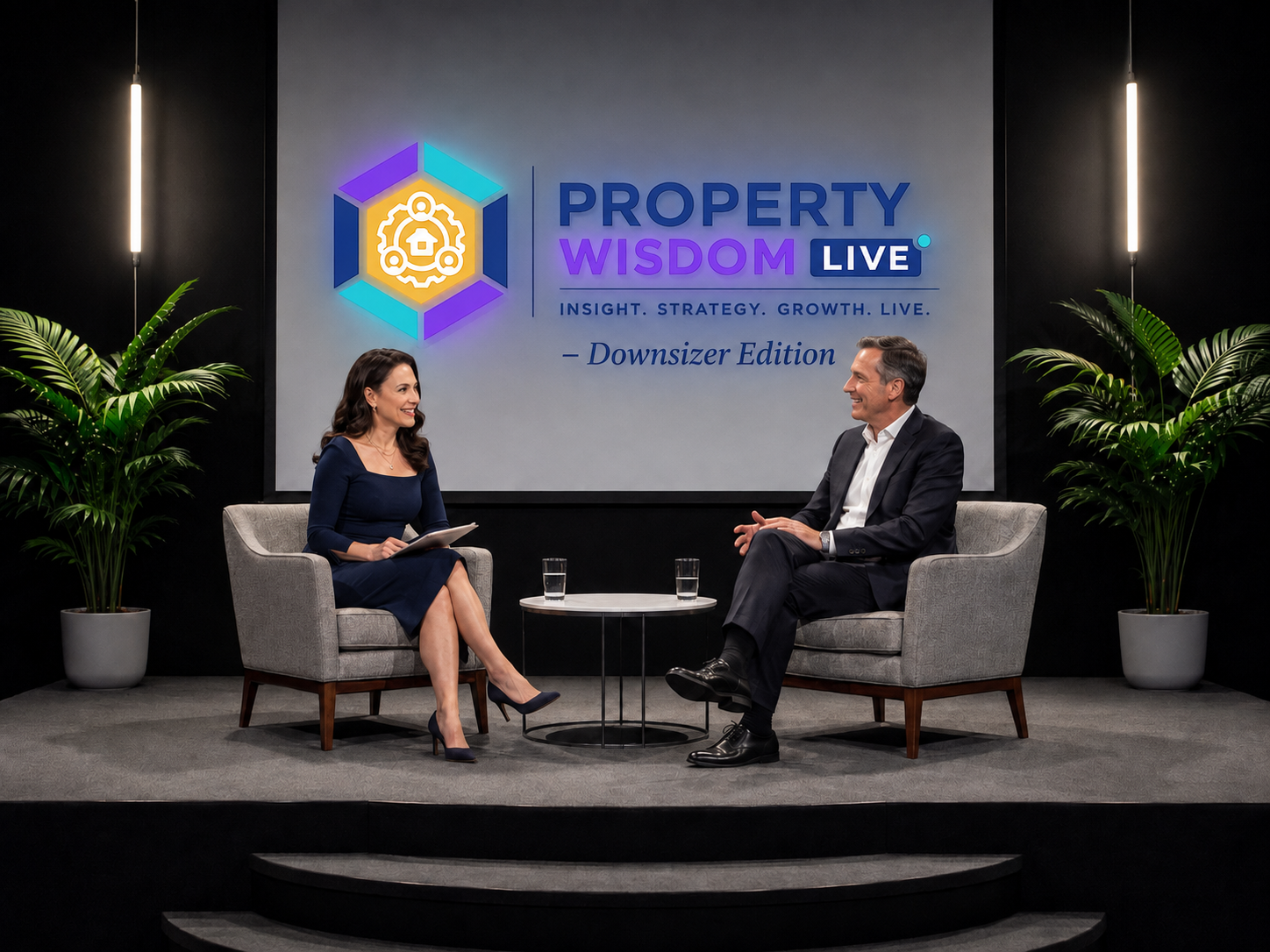 Property Wisdom Downsizer Edition interview on a modern stage with two lounge chairs, plants, and branded screen